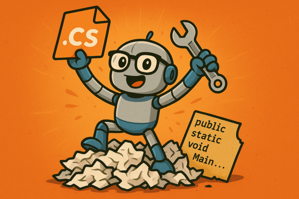 Ilustração colorida em estilo cartoon mostrando um robô simpático com óculos e uma chave inglesa, em pé sobre uma pilha de papéis amassados com trechos de código. O robô segura no alto um arquivo laranja com a extensão ".cs", celebrando. Ao lado, há um pedaço de papel rasgado com o texto "public static void Main...". O fundo é laranja vibrante, transmitindo entusiasmo e vitória.